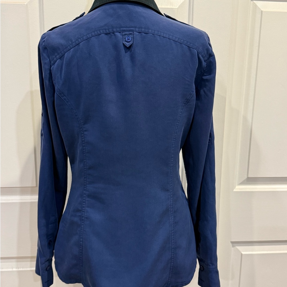EXPRESS Navy Button Down Blouse Black Trim Stretch Shirt Size S - Picture 5 of 6